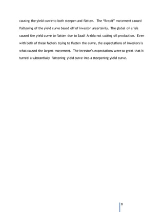 8
causing the yield curve to both steepen and flatten. The “Brexit” movement caused
flattening of the yield curve based off of investor uncertainty. The global oil crisis
caused the yield curve to flatten due to Saudi Arabia not cutting oil production. Even
with both of these factors trying to flatten the curve, the expectations of investors is
what caused the largest movement. The investor’s expectations were so great that it
turned a substantially flattening yield curve into a steepening yield curve.
 