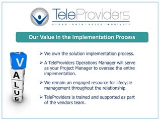 Our Value in the Implementation Process
 We own the solution implementation process.
 A TeleProviders Operations Manager will serve
as your Project Manager to oversee the entire
implementation.
 We remain an engaged resource for lifecycle
management throughout the relationship.
 TeleProviders is trained and supported as part
of the vendors team.
 