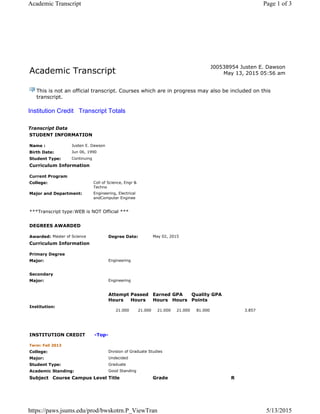 Academic Transcript
J00538954 Justen E. Dawson
May 13, 2015 05:56 am
This is not an official transcript. Courses which are in progress may also be included on this
transcript.
Institution Credit Transcript Totals
Transcript Data
STUDENT INFORMATION
Name : Justen E. Dawson
Birth Date: Jun 06, 1990
Student Type: Continuing
Curriculum Information
Current Program
College: Coll of Science, Engr &
Techno
Major and Department: Engineering, Electrical
andComputer Enginee
***Transcript type:WEB is NOT Official ***
DEGREES AWARDED
Awarded: Master of Science Degree Date: May 02, 2015
Curriculum Information
Primary Degree
Major: Engineering
Secondary
Major: Engineering
Attempt
Hours
Passed
Hours
Earned
Hours
GPA
Hours
Quality
Points
GPA
Institution:
21.000 21.000 21.000 21.000 81.000 3.857
INSTITUTION CREDIT -Top-
Term: Fall 2013
College: Division of Graduate Studies
Major: Undecided
Student Type: Graduate
Academic Standing: Good Standing
Subject Course Campus Level Title Grade R
Page 1 of 3Academic Transcript
5/13/2015https://paws.jsums.edu/prod/bwskotrn.P_ViewTran
 
