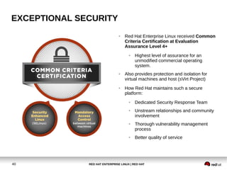 RED HAT ENTERPRISE LINUX | RED HAT40
EXCEPTIONAL SECURITY
● Red Hat Enterprise Linux received Common
Criteria Certification at Evaluation
Assurance Level 4+
● Highest level of assurance for an
unmodified commercial operating
system.
● Also provides protection and isolation for
virtual machines and host (sVirt Project)
● How Red Hat maintains such a secure
platform:
● Dedicated Security Response Team
● Unstream relationships and community
involvement
● Thorough vulnerability management
process
● Better quality of service
 