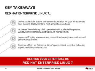 RED HAT ENTERPRISE LINUX | RED HAT52
KEY TAKEAWAYS
1
2
3
4
RED HAT ENTERPRISE LINUX 7...
RETHINK YOUR ENTERPRISE OS
RED HAT ENTERPRISE LINUX 7
Delivers a flexible, stable, and secure foundation for your infrastructure
from existing deployments to next generation solutions.
Increases the efficiency of IT operations with scalable filesystems,
Windows interoperability, and OpenLMI management.
Continues Red Hat Enterprise Linux’s proven track record of delivering
superior reliability and security.
Improves IT agility via containers, streamlined deployment, and optimal
performance profiles.
 