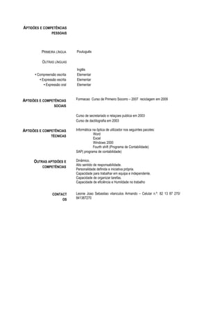PRIMEIRA LÍNGUA Poutuguês
OUTRAS LÍNGUAS
Inglês
• Compreensão escrita Elementar
• Expressão escrita Elementar
• Expressão oral Elementar
APTIDÕES E COMPETÊNCIAS
SOCIAIS
Formacao Curso de Primeiro Socorro – 2007 reciclagem em 2009
Curso de secretariado e relaçoes publica em 2003
Curso de dactilografia em 2003
APTIDÕES E COMPETÊNCIAS
TÉCNICAS
Informática na óptica de utilizador nos seguintes pacotes:
Word
Excel
Windows 2000
Fourth shift (Programa de Contabilidade)
SAP( programa de contabilidade)
OUTRAS APTIDÕES E
COMPETÊNCIAS
Dinâmico.
Alto sentido de responsabilidade.
Personalidade definida e iniciativa própria.
Capacidade para trabalhar em equipa e independente.
Capacidade de organizar tarefas.
Capacidade de eficiência e Humildade no trabalho
APTIDÕES E COMPETÊNCIAS
PESSOAIS
CONTACT
OS
Leonie Joao Sebastiao vilanculos Armando – Celular n.º: 82 13 87 270/
841387270
 