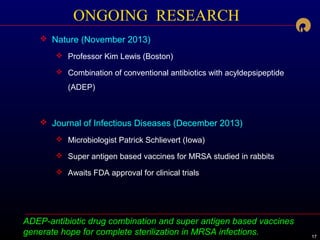 171717
ADEP-antibiotic drug combination and super antigen based vaccines
generate hope for complete sterilization in MRSA infections.
ONGOING RESEARCH
 Nature (November 2013)
 Professor Kim Lewis (Boston)
 Combination of conventional antibiotics with acyldepsipeptide
(ADEP)
 Journal of Infectious Diseases (December 2013)
 Microbiologist Patrick Schlievert (Iowa)
 Super antigen based vaccines for MRSA studied in rabbits
 Awaits FDA approval for clinical trials
 