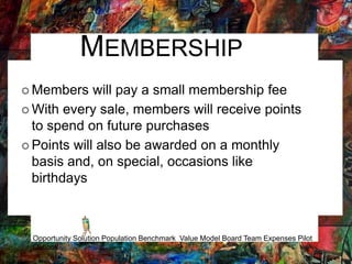 MEMBERSHIP
 Members will pay a small membership fee
 With every sale, members will receive points
to spend on future purchases
 Points will also be awarded on a monthly
basis and, on special, occasions like
birthdays
Opportunity Solution Population Benchmark Value Model Board Team Expenses Pilot
Outlook
 