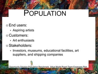 POPULATION
 End users:
 Aspiring artists
 Customers:
 Art enthusiasts
 Stakeholders:
 Investors, museums, educational facilities, art
suppliers, and shipping companies
Opportunity Solution Population Benchmark Value Model Board Team Expenses Pilot
Outlook
 