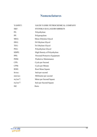 11
Nomenclatures
YANPET: SAUDI YANBU PETROCHEMICAL COMPANY
SKF: SVENSKA KULLAGERFABRIKEN
PE: Polyethylene
PP: Polypropylene
MEG: Mono Ethylene Glycol
DEG: Di Ethylene Glycol
TEG: Tri Ethylene Glycol
PEG: Polyethylene Glycol
HDPE: High Density of Polyethylene
PPE: Personal Protective Equipment
PDM: Predictive Maintenance
CPS: Cycle per Second
CPM: Cycle per Minute
RMS: Root Mean Square
In/sec: Inch per second
mm/sec: Millimeter per second
: Meter per Second Square
: Inch per Second Square
HZ: Hertz
 