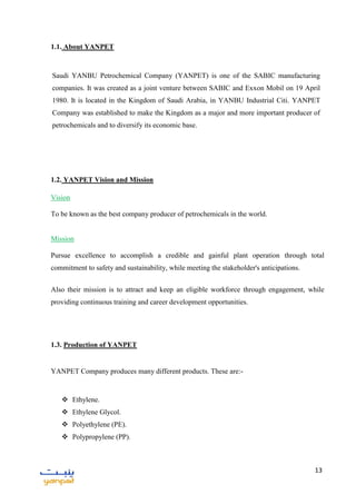 13
1.1. About YANPET
Saudi YANBU Petrochemical Company (YANPET) is one of the SABIC manufacturing
companies. It was created as a joint venture between SABIC and Exxon Mobil on 19 April
1980. It is located in the Kingdom of Saudi Arabia, in YANBU Industrial Citi. YANPET
Company was established to make the Kingdom as a major and more important producer of
petrochemicals and to diversify its economic base.
1.2. YANPET Vision and Mission
Vision
To be known as the best company producer of petrochemicals in the world.
Mission
Pursue excellence to accomplish a credible and gainful plant operation through total
commitment to safety and sustainability, while meeting the stakeholder's anticipations.
Also their mission is to attract and keep an eligible workforce through engagement, while
providing continuous training and career development opportunities.
1.3. Production of YANPET
YANPET Company produces many different products. These are:-
 Ethylene.
 Ethylene Glycol.
 Polyethylene (PE).
 Polypropylene (PP).
 