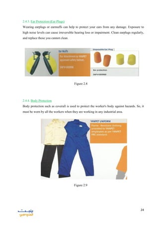 24
2.4.3. Ear Protection (Ear Plugs)
Wearing earplugs or earmuffs can help to protect your ears from any damage. Exposure to
high noise levels can cause irreversible hearing loss or impairment. Clean earplugs regularly,
and replace those you cannot clean.
2.4.4. Body Protection
Body protection such as coverall is used to protect the worker's body against hazards. So, it
must be worn by all the workers when they are working in any industrial area.
Figure 2.8
Figure 2.9
 