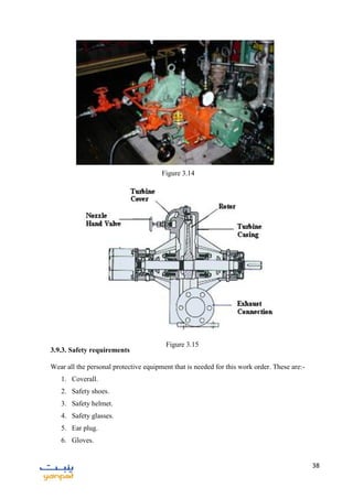 38
3.9.3. Safety requirements
Wear all the personal protective equipment that is needed for this work order. These are:-
1. Coverall.
2. Safety shoes.
3. Safety helmet.
4. Safety glasses.
5. Ear plug.
6. Gloves.
Figure 3.15
Figure 3.14
 