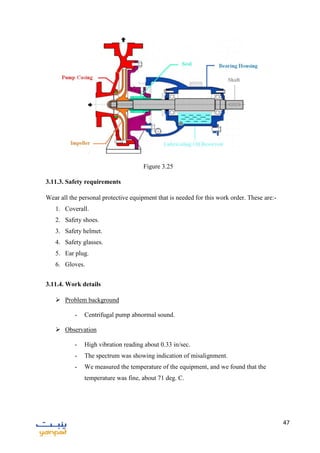 47
3.11.3. Safety requirements
Wear all the personal protective equipment that is needed for this work order. These are:-
1. Coverall.
2. Safety shoes.
3. Safety helmet.
4. Safety glasses.
5. Ear plug.
6. Gloves.
3.11.4. Work details
 Problem background
- Centrifugal pump abnormal sound.
 Observation
- High vibration reading about 0.33 in/sec.
- The spectrum was showing indication of misalignment.
- We measured the temperature of the equipment, and we found that the
temperature was fine, about 71 deg. C.
Figure 3.25
 