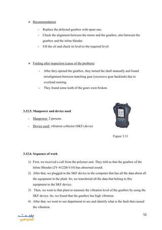 52
 Recommendation
- Replace the defected gearbox with spare one.
- Check the alignment between the motor and the gearbox, also between the
gearbox and the inline blender.
- Fill the oil and check its level to the required level.
 Finding after inspection (cause of the problem)
- After they opened the gearbox, they turned the shaft manually and found
misalignment between matching gear (excessive gear backlash) due to
overload running.
- They found some teeth of the gears were broken.
3.12.5. Manpower and device used
- Manpower: 2 persons
- Device used: vibration collector (SKF) device
3.12.6. Sequence of work
1) First, we received a call from the polymer unit. They told us that the gearbox of the
Inline Blender (2Y-4122B-V10) has abnormal sound.
2) After that, we plugged in the SKF device to the computer that has all the data about all
the equipment in the plant. So, we transferred all the data that belong to this
equipment to the SKF device.
3) Then, we went to that plant to measure the vibration level of the gearbox by using the
SKF device. So, we found that the gearbox has high vibration.
4) After that, we went to our department to see and identify what is the fault that caused
the vibration.
Figure 3.31
 