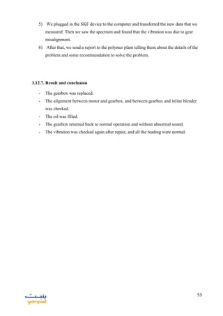 53
5) We plugged in the SKF device to the computer and transferred the new data that we
measured. Then we saw the spectrum and found that the vibration was due to gear
misalignment.
6) After that, we send a report to the polymer plant telling them about the details of the
problem and some recommendation to solve the problem.
3.12.7. Result and conclusion
- The gearbox was replaced.
- The alignment between motor and gearbox, and between gearbox and inline blender
was checked.
- The oil was filled.
- The gearbox returned back to normal operation and without abnormal sound.
- The vibration was checked again after repair, and all the reading were normal.
 