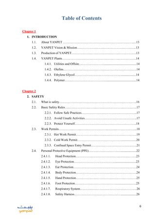 6
Table of Contents
Chapter 1
1. INTRODUCTION
1.1. About YANPET ………………………………………………………….....13
1.2. YANPET Vision & Mission………………………………………………...13
1.3. Production of YANPET……………………………………………………..13
1.4. YANPET Plants……………………………………………………………..14
1.4.1. Utilities and Offsite…………………….........................................14
1.4.2. Olefins…………………………………………………………….14
1.4.3. Ethylene Glycol………………………………………..................14
1.4.4. Polymer………………………………….......................................14
Chapter 2
2. SAFETY
2.1. What is safety………………………………………………………………..16
2.2. Basic Safety Rules…………………………………………………………...17
2.2.1. Follow Safe Practices……………………………………………..17
2.2.2. Avoid Unsafe Activities…………………………………………..17
2.2.3. Protect Yourself…………………………………………………..18
2.3. Work Permits………………………………………………………………...18
2.3.1. Hot Work Permit………………………………………………….19
2.3.2. Cold Work Permit……………………………………...................20
2.3.3. Confined Space Entry Permit……………………………………..21
2.4. Personal Protective Equipment (PPE)………………………….....................22
2.4.1.1. Head Protection………………………………………………….23
2.4.1.2. Eye Protection…………………………………...........................23
2.4.1.3. Ear Protection……………………………………………………24
2.4.1.4. Body Protection………………………………………………….24
2.4.1.5. Hand Protection………………………………………………….25
2.4.1.6. Foot Protection…………………………………..........................25
2.4.1.7. Respiratory System………………………………………………26
2.4.1.8. Safety Harness………………………………………...................26
 