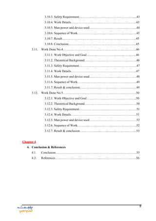 8
3.10.3. Safety Requirement…………………………………………….....43
3.10.4. Work Details……………………………………………………...43
3.10.5. Man power and device used………………………………………44
3.10.6. Sequence of Work………………………………………………...45
3.10.7. Result……………………………………………………………..45
3.10.8. Conclusion………………………………………………………..45
3.11. Work Done No.4…………………………………………………………….46
3.11.1. Work Objective and Goal………………………………………...46
3.11.2. Theoretical Background…………………………………………..46
3.11.3. Safety Requirement……………………………………………….47
3.11.4. Work Details……………………………………………………...47
3.11.5. Man power and device used………………………………………48
3.11.6. Sequence of Work………………………………………………...49
3.11.7. Result & conclusion………………………………………………49
3.12. Work Done No.5…………………………………………………………….50
3.12.1. Work Objective and Goal………………………………………...50
3.12.2. Theoretical Background…………………………………………..50
3.12.3. Safety Requirement……………………………………………….51
3.12.4. Work Details……………………………………………………...51
3.12.5. Man power and device used………………………………………52
3.12.6. Sequence of Work………………………………………………...52
3.12.7. Result & conclusion………………………………………………53
Chapter 4
4. Conclusion & References
4.1. Conclusion…………………………………………………………………...55
4.2. References…………………………………………………………………...56
 