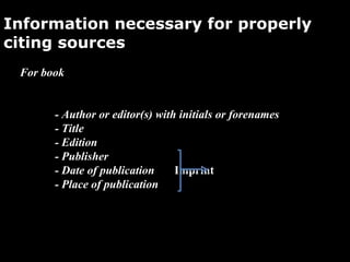 Information necessary for properly citing sources  For book - Author or editor(s) with initials or forenames - Title  - Edition  - Publisher - Date of publication    Imprint  - Place of publication  