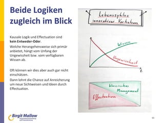 Beide Logiken
zugleich im Blick
Kausale Logik und Effectuation sind
kein Entweder-Oder.
Welche Herangehensweise sich primär
anbietet, hängt vom Unfang der
Ungewissheit bzw. vom verfügbaren
Wissen ab.
Oft können wir dies aber auch gar nicht
einschätzen.
Dann lohnt die Chance auf Anreicherung
um neue Sichtweisen und Ideen durch
Effectuation.
11
 