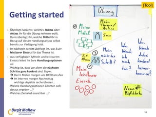 Getting started
18
1. Überlegt zunächst, welches Thema oder
Anlass Ihr für die Übung nehmen wollt.
Dann überlegt Ihr, welche Mittel Ihr in
Bezug auf diesen Handlungsanlass selbst
bereits zur Verfügung habt.
2. Im nächsten Schritt überlegt ihr, was Euer
leistbarer Einsatz für das Thema ist.
3. Aus verfügbaren Mitteln und leistbarem
Einsatz leitet Ihr Eure Handlungsoptionen
ab:
Wichtig ist, dass vor allem die nächsten
Schritte ganz konkret sind. Bspw.:
 Herrn Müller morgen um 10:00 anrufen
 Im Internet morgen Nachmittag
wichtige Aspekte recherchieren…
Welche Handlungsoptionen könnten sich
daraus ergeben …?
Welches Ziel wird erreichbar …?
[Tool]
 