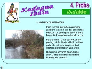 1. IBAIAREN DESKRIBAPENA 4. Proba Ibaia, hamar metro baino gehiago zabalera, eta ia metro bat sakoneran neurtzen du gutxi gora behera. Bere luzera 70 kilometrotara hurbiltzen da. Bere emaria 10m 3 /s baino ezertxo gehiago ei da. Beste aldetik, nahiko garbi eta zainduta dago, zenbait enpresa bere ondoan izan arren. Historikoki garrantzi handia izan zuen Gaztela eta Bizkaia lotzeko bide egokia zela eta. Kadagua Ibaia  