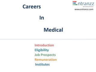 Careers
In
Medical
Introduction
Eligibility
Job Prospects
Remuneration
Institutes
www.entranzz.com
 