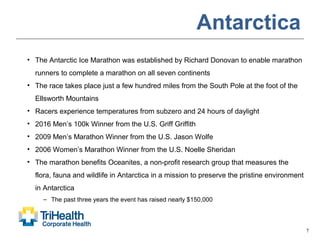 7
Antarctica
• The Antarctic Ice Marathon was established by Richard Donovan to enable marathon
runners to complete a marathon on all seven continents
• The race takes place just a few hundred miles from the South Pole at the foot of the
Ellsworth Mountains
• Racers experience temperatures from subzero and 24 hours of daylight
• 2016 Men’s 100k Winner from the U.S. Griff Griffith
• 2009 Men’s Marathon Winner from the U.S. Jason Wolfe
• 2006 Women’s Marathon Winner from the U.S. Noelle Sheridan
• The marathon benefits Oceanites, a non-profit research group that measures the
flora, fauna and wildlife in Antarctica in a mission to preserve the pristine environment
in Antarctica
– The past three years the event has raised nearly $150,000
 