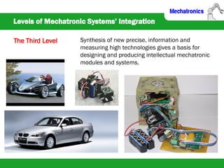 Levels of Mechatronic Systems’ Integration
Synthesis of new precise, information and
measuring high technologies gives a basis for
designing and producing intellectual mechatronic
modules and systems.
The Third Level
 