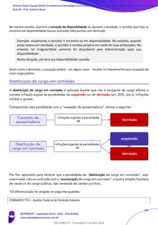 105
No mesmo sentido, ocorrerá a cassação de disponibilidade se, durante a atividade, o servidor que hoje se
encontre em disponibilidade houver praticado falta punível com demissão.
Exemplo: atualmente o servidor Y encontra-se em disponibilidade. No entanto, quando
ainda estava em atividade, o servidor X recebia propina em razão de suas atribuições. No
entanto, tal irregularidade somente foi descoberta pela Administração após sua
disponibilidade.
Nesta situação, ele terá sua disponibilidade cassada.
Assim como a demissão, a cassação poderá - em alguns casos - resultar no impedimento para ocupação de
novo cargo público.
Destituição de cargo em comissão
A destituição de cargo em comissão é aplicada àquele que não é ocupante de cargo efetivo e
comete infração sujeita às penalidades de suspensão ou de demissão (art. 205), isto é, infrações
médias e graves.
Comparando esta penalidade com a “cassação da aposentadoria”, temos o seguinte:
Por fim, aproveito para lembrar que a penalidade de “destituição de cargo em comissão”, aqui
examinada, não se confunde com a “exoneração de cargo em comissão”, a qual é simples hipótese
de vacância do cargo público, não revestida de caráter punitivo.
Tal diferenciação foi exigida na seguinte questão:
CEBRASPE/ TCU – Auditor Federal de Controle Externo
Antonio Daud, Equipe Direito Constitucional Estratégia Concursos, Equipe Legislação Específica Estratégia Concursos, Leandr
Aula 08 - Prof. Antonio Daud
DETRAN-DF - Legislação Geral - 2022 - (Pós-Edital)
www.estrategiaconcursos.com.br
102078
00214365174 - Franclayton Carvalho Silva
 