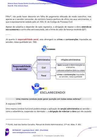 110
Filho40
, não pode haver desconto em folha de pagamento efetuado de modo coercitivo, mas
apenas se o servidor concordar, do contrário haveria penhora de ofício nos seus vencimentos, o
que é expressamente vedado pelo art. 833, IV, do Código de Processo Civil.
Apesar de subjetiva e depender de ação regressiva, a obrigação de reparar o dano estende-se
aos sucessores e contra eles será executada, até o limite do valor da herança recebida (§3º).
- - - -
Já quanto à responsabilidade penal, esta abrangerá os crimes e contravenções imputadas ao
servidor, nessa qualidade (art. 182).
Uma mesma conduta pode gerar punição em todas estas esferas?
A resposta é SIM!
Uma mesma conduta funcional poderá ensejar a aplicação de sanção administrativa ao servidor –
como a advertência, suspensão ou demissão –, a obrigação de indenizar o dano por ele causado
40
FILHO, José dos Santos Carvalho. Manual de Direito Administrativo. 27ª ed. Atlas. P. 801
Responsabilidade
do servidor
Administrativa infrações administrativas
Civil
- dano causado à Administração ou
a terceiros.
- natureza subjetiva (dolo ou culpa).
Penal
crimes e contravenções imputadas
ao servidor, nessa qualidade
Antonio Daud, Equipe Direito Constitucional Estratégia Concursos, Equipe Legislação Específica Estratégia Concursos, Leandr
Aula 08 - Prof. Antonio Daud
DETRAN-DF - Legislação Geral - 2022 - (Pós-Edital)
www.estrategiaconcursos.com.br
102078
00214365174 - Franclayton Carvalho Silva
 