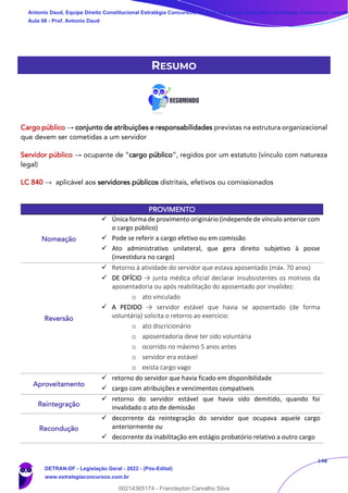 148
RESUMO
Cargo público → conjunto de atribuições e responsabilidades previstas na estrutura organizacional
que devem ser cometidas a um servidor
Servidor público → ocupante de “cargo público”, regidos por um estatuto (vínculo com natureza
legal)
LC 840 → aplicável aos servidores públicos distritais, efetivos ou comissionados
PROVIMENTO
Nomeação
✓ Única forma de provimento originário (independe de vínculo anterior com
o cargo público)
✓ Pode se referir a cargo efetivo ou em comissão
✓ Ato administrativo unilateral, que gera direito subjetivo à posse
(investidura no cargo)
Reversão
✓ Retorno à atividade do servidor que estava aposentado (máx. 70 anos)
✓ DE OFÍCIO → junta médica oficial declarar insubsistentes os motivos da
aposentadoria ou após reabilitação do aposentado por invalidez:
o ato vinculado
✓ A PEDIDO → servidor estável que havia se aposentado (de forma
voluntária) solicita o retorno ao exercício:
o ato discricionário
o aposentadoria deve ter sido voluntária
o ocorrido no máximo 5 anos antes
o servidor era estável
o exista cargo vago
Aproveitamento
✓ retorno do servidor que havia ficado em disponibilidade
✓ cargo com atribuições e vencimentos compatíveis
Reintegração
✓ retorno do servidor estável que havia sido demitido, quando foi
invalidado o ato de demissão
Recondução
✓ decorrente da reintegração do servidor que ocupava aquele cargo
anteriormente ou
✓ decorrente da inabilitação em estágio probatório relativo a outro cargo
Antonio Daud, Equipe Direito Constitucional Estratégia Concursos, Equipe Legislação Específica Estratégia Concursos, Leandr
Aula 08 - Prof. Antonio Daud
DETRAN-DF - Legislação Geral - 2022 - (Pós-Edital)
www.estrategiaconcursos.com.br
102078
00214365174 - Franclayton Carvalho Silva
 