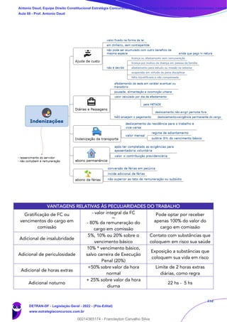 152
VANTAGENS RELATIVAS ÀS PECULIARIDADES DO TRABALHO
Gratificação de FC ou
vencimentos do cargo em
comissão
- valor integral da FC
ou
- 80% da remuneração do
cargo em comissão
Pode optar por receber
apenas 100% do valor do
cargo em comissão
Adicional de insalubridade
5%, 10% ou 20% sobre o
vencimento básico
Contato com substâncias que
coloquem em risco sua saúde
Adicional de periculosidade
10% * vencimento básico,
salvo carreira de Execução
Penal (20%)
Exposição a substâncias que
coloquem sua vida em risco
Adicional de horas extras
+50% sobre valor da hora
normal
Limite de 2 horas extras
diárias, como regra
Adicional noturno
+ 25% sobre valor da hora
diurna
22 hs - 5 hs
Antonio Daud, Equipe Direito Constitucional Estratégia Concursos, Equipe Legislação Específica Estratégia Concursos, Leandr
Aula 08 - Prof. Antonio Daud
DETRAN-DF - Legislação Geral - 2022 - (Pós-Edital)
www.estrategiaconcursos.com.br
102078
00214365174 - Franclayton Carvalho Silva
 
