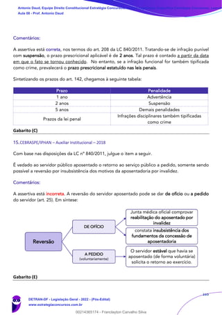 165
Comentários:
A assertiva está correta, nos termos do art. 208 da LC 840/2011. Tratando-se de infração punível
com suspensão, o prazo prescricional aplicável é de 2 anos. Tal prazo é contado a partir da data
em que o fato se tornou conhecido. No entanto, se a infração funcional for também tipificada
como crime, prevalecerá o prazo prescricional estatuído nas leis penais.
Sintetizando os prazos do art. 142, chegamos à seguinte tabela:
Prazo Penalidade
1 ano Advertência
2 anos Suspensão
5 anos Demais penalidades
Prazos da lei penal
Infrações disciplinares também tipificadas
como crime
Gabarito (C)
15.CEBRASPE/IPHAN – Auxiliar Institucional – 2018
Com base nas disposições da LC nº 840/2011, julgue o item a seguir.
É vedado ao servidor público aposentado o retorno ao serviço público a pedido, somente sendo
possível a reversão por insubsistência dos motivos da aposentadoria por invalidez.
Comentários:
A assertiva está incorreta. A reversão do servidor aposentado pode se dar de ofício ou a pedido
do servidor (art. 25). Em síntese:
Gabarito (E)
Reversão
DE OFÍCIO
Junta médica oficial comprovar
reabilitação do aposentado por
invalidez
constata insubsistência dos
fundamentos da concessão de
aposentadoria
A PEDIDO
(voluntariamente)
O servidor estável que havia se
aposentado (de forma voluntária)
solicita o retorno ao exercício.
Antonio Daud, Equipe Direito Constitucional Estratégia Concursos, Equipe Legislação Específica Estratégia Concursos, Leandr
Aula 08 - Prof. Antonio Daud
DETRAN-DF - Legislação Geral - 2022 - (Pós-Edital)
www.estrategiaconcursos.com.br
102078
00214365174 - Franclayton Carvalho Silva
 