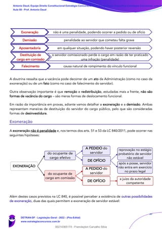 37
A doutrina ressalta que a vacância pode decorrer de um ato da Administração (como no caso da
exoneração) ou de um fato (como no caso de falecimento do servidor).
Outra observação importante é que remoção e redistribuição, estudadas mais a frente, não são
formas de vacância do cargo – são meras formas de deslocamento funcional.
Em razão da importância em provas, adiante vamos detalhar a exoneração e a demissão. Ambas
representam maneiras de destituição do servidor do cargo público, pelo que são consideradas
formas de desinvestidura.
Exoneração
A exoneração não é penalidade e, nos termos dos arts. 51 e 53 da LC 840/2011, pode ocorrer nas
seguintes hipóteses:
Além destes casos previstos na LC 840, é possível perceber a existência de outras possibilidades
de exoneração, duas das quais permitem a exoneração de servidor estável:
Exoneração não é uma penalidade, podendo ocorrer a pedido ou de ofício
Demissão penalidade ao servidor que cometeu falta grave
Aposentadoria em qualquer situação, podendo haver posterior reversão
Destituição de
cargo em comissão
o servidor comissionado perde o cargo em razão de ter praticado
uma infração (penalidade)
Falecimento causa natural de rompimento do vínculo funcional
EXONERAÇÃO
do ocupante de
cargo efetivo
A PEDIDO do
servidor
DE OFÍCIO
reprovação no estágio
probatório de servidor
não estável
após a posse, servidor
não entra em exercício
no prazo legal
do ocupante de
cargo em comissão
A PEDIDO do
servidor
DE OFÍCIO
a juízo da autoridade
competente
Antonio Daud, Equipe Direito Constitucional Estratégia Concursos, Equipe Legislação Específica Estratégia Concursos, Leandr
Aula 08 - Prof. Antonio Daud
DETRAN-DF - Legislação Geral - 2022 - (Pós-Edital)
www.estrategiaconcursos.com.br
102078
00214365174 - Franclayton Carvalho Silva
 