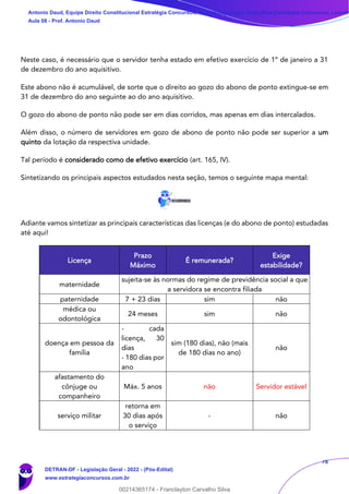 78
Neste caso, é necessário que o servidor tenha estado em efetivo exercício de 1º de janeiro a 31
de dezembro do ano aquisitivo.
Este abono não é acumulável, de sorte que o direito ao gozo do abono de ponto extingue-se em
31 de dezembro do ano seguinte ao do ano aquisitivo.
O gozo do abono de ponto não pode ser em dias corridos, mas apenas em dias intercalados.
Além disso, o número de servidores em gozo de abono de ponto não pode ser superior a um
quinto da lotação da respectiva unidade.
Tal período é considerado como de efetivo exercício (art. 165, IV).
Sintetizando os principais aspectos estudados nesta seção, temos o seguinte mapa mental:
Adiante vamos sintetizar as principais características das licenças (e do abono de ponto) estudadas
até aqui!
Licença
Prazo
Máximo
É remunerada?
Exige
estabilidade?
maternidade
sujeita-se às normas do regime de previdência social a que
a servidora se encontra filiada
paternidade 7 + 23 dias sim não
médica ou
odontológica
24 meses sim não
doença em pessoa da
família
- cada
licença, 30
dias
- 180 dias por
ano
sim (180 dias), não (mais
de 180 dias no ano)
não
afastamento do
cônjuge ou
companheiro
Máx. 5 anos não Servidor estável
serviço militar
retorna em
30 dias após
o serviço
- não
Antonio Daud, Equipe Direito Constitucional Estratégia Concursos, Equipe Legislação Específica Estratégia Concursos, Leandr
Aula 08 - Prof. Antonio Daud
DETRAN-DF - Legislação Geral - 2022 - (Pós-Edital)
www.estrategiaconcursos.com.br
102078
00214365174 - Franclayton Carvalho Silva
 