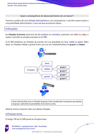 92
Qual a consequência do descumprimento de um dever?
Teremos a prática de uma infração adminsitrativa e, em consequência, o servidor estará sujeito a
uma penalidade administrativa, o que nos leva ao próximo tópico.
Infrações
As infrações funcionais decorrem de ato omissivo ou comissivo, praticado com dolo ou culpa, e
sujeita o servidor às sanções previstas na LC 840.
A LC 840 classificou as infrações de acordo com sua gravidade em leve, média ou grave. Além
disso, as infrações médias e graves foram, por sua vez, subclassificadas em grupos ou classes.
Vocês irão perceber que as infrações do grupo II são consideradas mais graves que aquelas
do grupo I, aplicando-se penalidades mais severas a elas.
Adiante iremos comentar cada uma destas infrações.
Infrações leves
O artigo 190 da LC 840 prevê as infrações leves:
infrações
leves
médias
grupo I
grupo II
graves
grupo I
grupo II
Antonio Daud, Equipe Direito Constitucional Estratégia Concursos, Equipe Legislação Específica Estratégia Concursos, Leandr
Aula 08 - Prof. Antonio Daud
DETRAN-DF - Legislação Geral - 2022 - (Pós-Edital)
www.estrategiaconcursos.com.br
102078
00214365174 - Franclayton Carvalho Silva
 