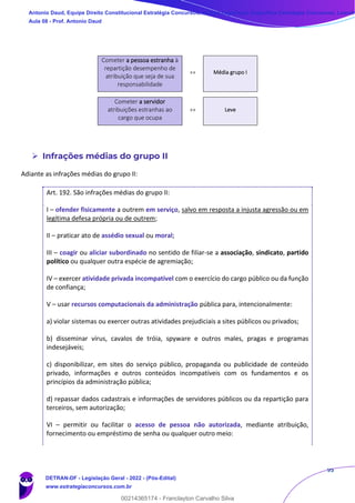 95
Cometer a pessoa estranha à
repartição desempenho de
atribuição que seja de sua
responsabilidade
»» Média grupo I
Cometer a servidor
atribuições estranhas ao
cargo que ocupa
»» Leve
➢ Infrações médias do grupo II
Adiante as infrações médias do grupo II:
Art. 192. São infrações médias do grupo II:
I – ofender fisicamente a outrem em serviço, salvo em resposta a injusta agressão ou em
legítima defesa própria ou de outrem;
II – praticar ato de assédio sexual ou moral;
III – coagir ou aliciar subordinado no sentido de filiar-se a associação, sindicato, partido
político ou qualquer outra espécie de agremiação;
IV – exercer atividade privada incompatível com o exercício do cargo público ou da função
de confiança;
V – usar recursos computacionais da administração pública para, intencionalmente:
a) violar sistemas ou exercer outras atividades prejudiciais a sites públicos ou privados;
b) disseminar vírus, cavalos de tróia, spyware e outros males, pragas e programas
indesejáveis;
c) disponibilizar, em sites do serviço público, propaganda ou publicidade de conteúdo
privado, informações e outros conteúdos incompatíveis com os fundamentos e os
princípios da administração pública;
d) repassar dados cadastrais e informações de servidores públicos ou da repartição para
terceiros, sem autorização;
VI – permitir ou facilitar o acesso de pessoa não autorizada, mediante atribuição,
fornecimento ou empréstimo de senha ou qualquer outro meio:
Antonio Daud, Equipe Direito Constitucional Estratégia Concursos, Equipe Legislação Específica Estratégia Concursos, Leandr
Aula 08 - Prof. Antonio Daud
DETRAN-DF - Legislação Geral - 2022 - (Pós-Edital)
www.estrategiaconcursos.com.br
102078
00214365174 - Franclayton Carvalho Silva
 