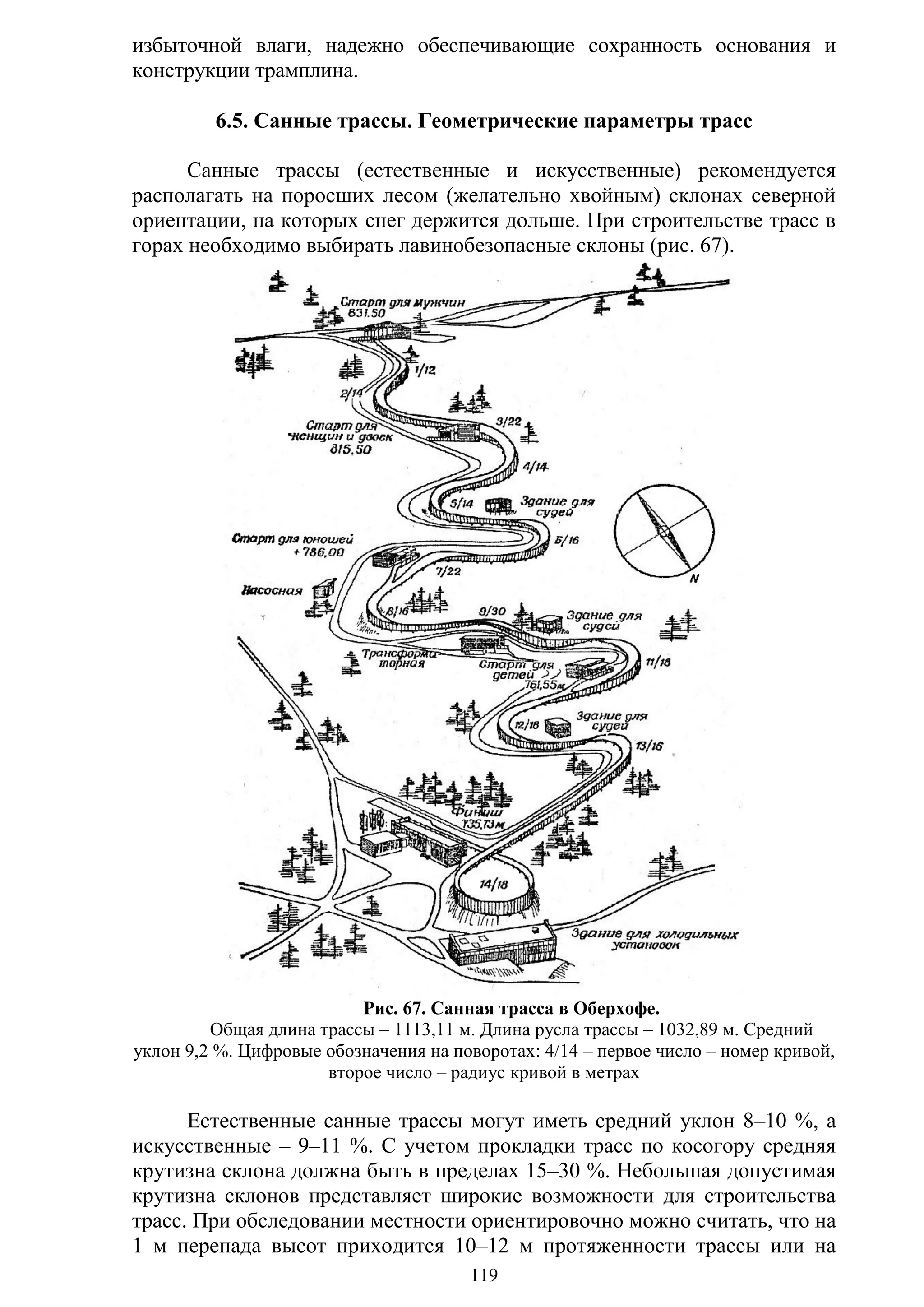 119
избыточной влаги, надежно обеспечивающие сохранность основания и
конструкции трамплина.
6.5. Санные трассы. Геометрические параметры трасс
Санные трассы (естественные и искусственные) рекомендуется
располагать на поросших лесом (желательно хвойным) склонах северной
ориентации, на которых снег держится дольше. При строительстве трасс в
горах необходимо выбирать лавинобезопасные склоны (рис. 67).
Рис. 67. Санная трасса в Оберхофе.
Общая длина трассы – 1113,11 м. Длина русла трассы – 1032,89 м. Средний
уклон 9,2 %. Цифровые обозначения на поворотах: 4/14 – первое число – номер кривой,
второе число – радиус кривой в метрах
Естественные санные трассы могут иметь средний уклон 8–10 %, а
искусственные – 9–11 %. С учетом прокладки трасс по косогору средняя
крутизна склона должна быть в пределах 15–30 %. Небольшая допустимая
крутизна склонов представляет широкие возможности для строительства
трасс. При обследовании местности ориентировочно можно считать, что на
1 м перепада высот приходится 10–12 м протяженности трассы или на
Copyright ОАО «ЦКБ «БИБКОМ» & ООО «Aгентство Kнига-Cервис»
 