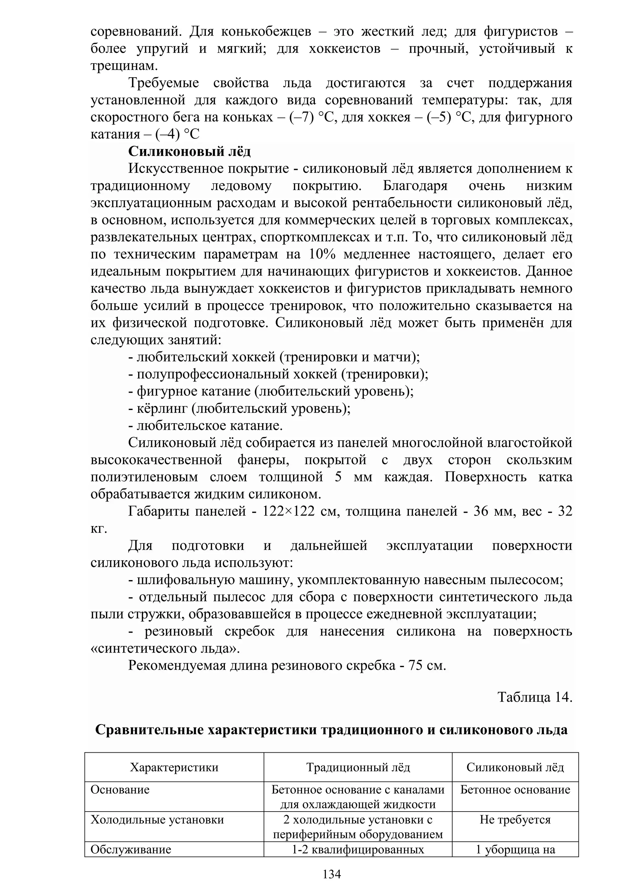 134
соревнований. Для конькобежцев – это жесткий лед; для фигуристов –
более упругий и мягкий; для хоккеистов – прочный, устойчивый к
трещинам.
Требуемые свойства льда достигаются за счет поддержания
установленной для каждого вида соревнований температуры: так, для
скоростного бега на коньках – (–7) °С, для хоккея – (–5) °С, для фигурного
катания – (–4) °С
Силиконовый лѐд
Искусственное покрытие - силиконовый лѐд является дополнением к
традиционному ледовому покрытию. Благодаря очень низким
эксплуатационным расходам и высокой рентабельности силиконовый лѐд,
в основном, используется для коммерческих целей в торговых комплексах,
развлекательных центрах, спорткомплексах и т.п. То, что силиконовый лѐд
по техническим параметрам на 10% медленнее настоящего, делает его
идеальным покрытием для начинающих фигуристов и хоккеистов. Данное
качество льда вынуждает хоккеистов и фигуристов прикладывать немного
больше усилий в процессе тренировок, что положительно сказывается на
их физической подготовке. Силиконовый лѐд может быть применѐн для
следующих занятий:
- любительский хоккей (тренировки и матчи);
- полупрофессиональный хоккей (тренировки);
- фигурное катание (любительский уровень);
- кѐрлинг (любительский уровень);
- любительское катание.
Силиконовый лѐд собирается из панелей многослойной влагостойкой
высококачественной фанеры, покрытой с двух сторон скользким
полиэтиленовым слоем толщиной 5 мм каждая. Поверхность катка
обрабатывается жидким силиконом.
Габариты панелей - 122×122 см, толщина панелей - 36 мм, вес - 32
кг.
Для подготовки и дальнейшей эксплуатации поверхности
силиконового льда используют:
- шлифовальную машину, укомплектованную навесным пылесосом;
- отдельный пылесос для сбора с поверхности синтетического льда
пыли стружки, образовавшейся в процессе ежедневной эксплуатации;
- резиновый скребок для нанесения силикона на поверхность
«синтетического льда».
Рекомендуемая длина резинового скребка - 75 см.
Таблица 14.
Сравнительные характеристики традиционного и силиконового льда
Характеристики Традиционный лѐд Силиконовый лѐд
Основание Бетонное основание с каналами
для охлаждающей жидкости
Бетонное основание
Холодильные установки 2 холодильные установки с
периферийным оборудованием
Не требуется
Обслуживание 1-2 квалифицированных 1 уборщица на
Copyright ОАО «ЦКБ «БИБКОМ» & ООО «Aгентство Kнига-Cервис»
 