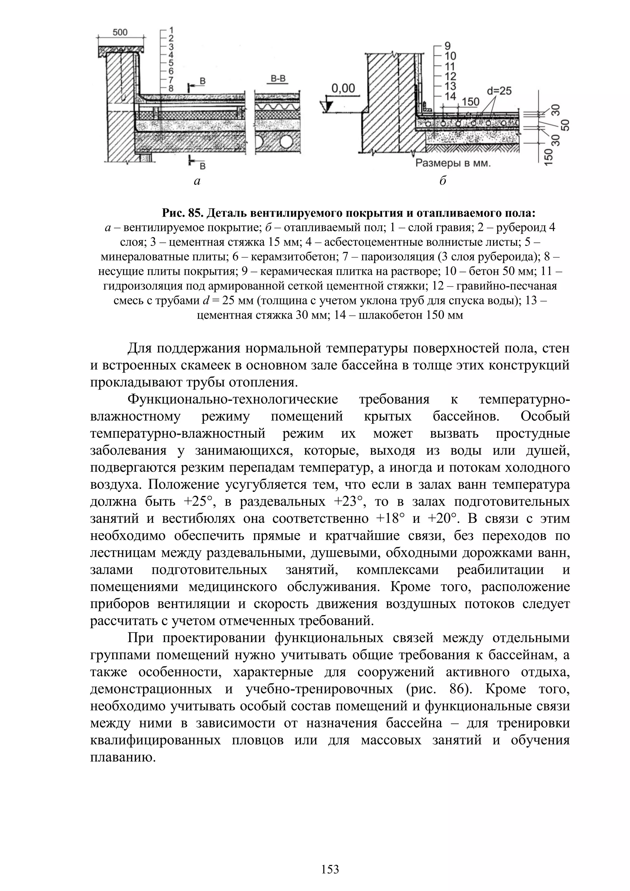 153
а б
Рис. 85. Деталь вентилируемого покрытия и отапливаемого пола:
а – вентилируемое покрытие; б – отапливаемый пол; 1 – слой гравия; 2 – рубероид 4
слоя; 3 – цементная стяжка 15 мм; 4 – асбестоцементные волнистые листы; 5 –
минераловатные плиты; 6 – керамзитобетон; 7 – пароизоляция (3 слоя рубероида); 8 –
несущие плиты покрытия; 9 – керамическая плитка на растворе; 10 – бетон 50 мм; 11 –
гидроизоляция под армированной сеткой цементной стяжки; 12 – гравийно-песчаная
смесь с трубами d = 25 мм (толщина с учетом уклона труб для спуска воды); 13 –
цементная стяжка 30 мм; 14 – шлакобетон 150 мм
Для поддержания нормальной температуры поверхностей пола, стен
и встроенных скамеек в основном зале бассейна в толще этих конструкций
прокладывают трубы отопления.
Функционально-технологические требования к температурно-
влажностному режиму помещений крытых бассейнов. Особый
температурно-влажностный режим их может вызвать простудные
заболевания у занимающихся, которые, выходя из воды или душей,
подвергаются резким перепадам температур, а иногда и потокам холодного
воздуха. Положение усугубляется тем, что если в залах ванн температура
должна быть +25°, в раздевальных +23°, то в залах подготовительных
занятий и вестибюлях она соответственно +18° и +20°. В связи с этим
необходимо обеспечить прямые и кратчайшие связи, без переходов по
лестницам между раздевальными, душевыми, обходными дорожками ванн,
залами подготовительных занятий, комплексами реабилитации и
помещениями медицинского обслуживания. Кроме того, расположение
приборов вентиляции и скорость движения воздушных потоков следует
рассчитать с учетом отмеченных требований.
При проектировании функциональных связей между отдельными
группами помещений нужно учитывать общие требования к бассейнам, а
также особенности, характерные для сооружений активного отдыха,
демонстрационных и учебно-тренировочных (рис. 86). Кроме того,
необходимо учитывать особый состав помещений и функциональные связи
между ними в зависимости от назначения бассейна – для тренировки
квалифицированных пловцов или для массовых занятий и обучения
плаванию.
Copyright ОАО «ЦКБ «БИБКОМ» & ООО «Aгентство Kнига-Cервис»
 