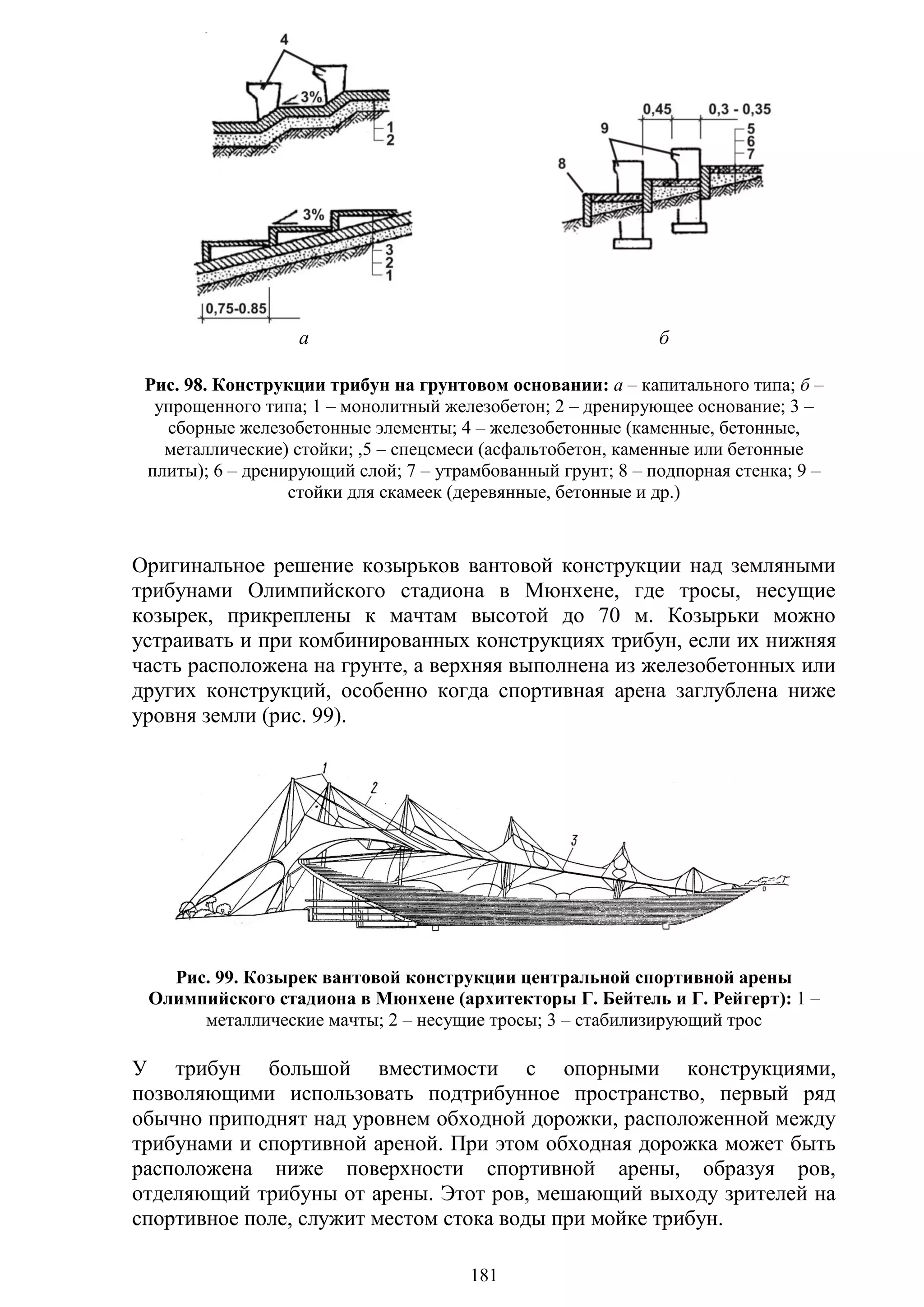 181
а б
Рис. 98. Конструкции трибун на грунтовом основании: а – капитального типа; б –
упрощенного типа; 1 – монолитный железобетон; 2 – дренирующее основание; 3 –
сборные железобетонные элементы; 4 – железобетонные (каменные, бетонные,
металлические) стойки; ,5 – спецсмеси (асфальтобетон, каменные или бетонные
плиты); 6 – дренирующий слой; 7 – утрамбованный грунт; 8 – подпорная стенка; 9 –
стойки для скамеек (деревянные, бетонные и др.)
Оригинальное решение козырьков вантовой конструкции над земляными
трибунами Олимпийского стадиона в Мюнхене, где тросы, несущие
козырек, прикреплены к мачтам высотой до 70 м. Козырьки можно
устраивать и при комбинированных конструкциях трибун, если их нижняя
часть расположена на грунте, а верхняя выполнена из железобетонных или
других конструкций, особенно когда спортивная арена заглублена ниже
уровня земли (рис. 99).
Рис. 99. Козырек вантовой конструкции центральной спортивной арены
Олимпийского стадиона в Мюнхене (архитекторы Г. Бейтель и Г. Рейгерт): 1 –
металлические мачты; 2 – несущие тросы; 3 – стабилизирующий трос
У трибун большой вместимости с опорными конструкциями,
позволяющими использовать подтрибунное пространство, первый ряд
обычно приподнят над уровнем обходной дорожки, расположенной между
трибунами и спортивной ареной. При этом обходная дорожка может быть
расположена ниже поверхности спортивной арены, образуя ров,
отделяющий трибуны от арены. Этот ров, мешающий выходу зрителей на
спортивное поле, служит местом стока воды при мойке трибун.
Copyright ОАО «ЦКБ «БИБКОМ» & ООО «Aгентство Kнига-Cервис»
 