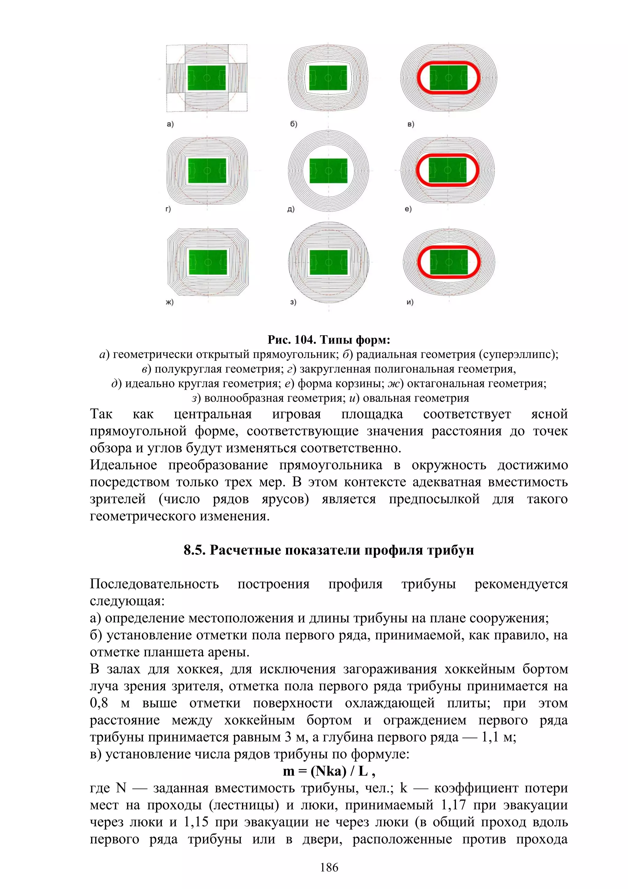186
Рис. 104. Типы форм:
а) геометрически открытый прямоугольник; б) радиальная геометрия (суперэллипс);
в) полукруглая геометрия; г) закругленная полигональная геометрия,
д) идеально круглая геометрия; е) форма корзины; ж) октагональная геометрия;
з) волнообразная геометрия; и) овальная геометрия
Так как центральная игровая площадка соответствует ясной
прямоугольной форме, соответствующие значения расстояния до точек
обзора и углов будут изменяться соответственно.
Идеальное преобразование прямоугольника в окружность достижимо
посредством только трех мер. В этом контексте адекватная вместимость
зрителей (число рядов ярусов) является предпосылкой для такого
геометрического изменения.
8.5. Расчетные показатели профиля трибун
Последовательность построения профиля трибуны рекомендуется
следующая:
а) определение местоположения и длины трибуны на плане сооружения;
б) установление отметки пола первого ряда, принимаемой, как правило, на
отметке планшета арены.
В залах для хоккея, для исключения загораживания хоккейным бортом
луча зрения зрителя, отметка пола первого ряда трибуны принимается на
0,8 м выше отметки поверхности охлаждающей плиты; при этом
расстояние между хоккейным бортом и ограждением первого ряда
трибуны принимается равным 3 м, а глубина первого ряда — 1,1 м;
в) установление числа рядов трибуны по формуле:
m = (Nka) / L ,
где N — заданная вместимость трибуны, чел.; k — коэффициент потери
мест на проходы (лестницы) и люки, принимаемый 1,17 при эвакуации
через люки и 1,15 при эвакуации не через люки (в общий проход вдоль
первого ряда трибуны или в двери, расположенные против прохода
Copyright ОАО «ЦКБ «БИБКОМ» & ООО «Aгентство Kнига-Cервис»
 