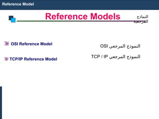 Reference Models
OSI Reference Model
TCP/IP Reference Model
Reference Model
‫النماذج‬
‫المرجعية‬
OSI ‫المرجعي‬ ‫النموذج‬
TCP / IP ‫المرجعي‬ ‫النموذج‬
 