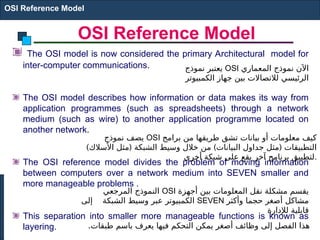 OSI Reference Model
The OSI model is now considered the primary Architectural model for
inter-computer communications.
The OSI model describes how information or data makes its way from
application programmes (such as spreadsheets) through a network
medium (such as wire) to another application programme located on
another network.
The OSI reference model divides the problem of moving information
between computers over a network medium into SEVEN smaller and
more manageable problems .
This separation into smaller more manageable functions is known as
layering.
OSI Reference Model
‫نموذج‬ ‫يعتبر‬ OSI ‫المعماري‬ ‫نموذج‬ ‫اآلن‬
‫الكمبيوتر‬ ‫جهاز‬ ‫بين‬ ‫لالتصاالت‬ ‫الرئيسي‬
‫نموذج‬ ‫يصف‬ OSI ‫برامج‬ ‫من‬ ‫طريقها‬ ‫تشق‬ ‫بيانات‬ ‫أو‬ ‫معلومات‬ ‫كيف‬
) ( ) (
‫األسالك‬ ‫مثل‬ ‫الشبكة‬ ‫وسيط‬ ‫خالل‬ ‫من‬ ‫البيانات‬ ‫جداول‬ ‫مثل‬ ‫التطبيقات‬
‫أخرى‬ ‫شبكة‬ ‫على‬ ‫يقع‬ ‫آخر‬ ‫برنامج‬ ‫لتطبيق‬.
‫المرجعي‬ ‫النموذج‬ OSI ‫أجهزة‬ ‫بين‬ ‫المعلومات‬ ‫نقل‬ ‫مشكلة‬ ‫يقسم‬
‫الشبكة‬ ‫وسيط‬ ‫عبر‬ ‫الكمبيوتر‬
‫إلى‬ SEVEN ‫وأكثر‬ ‫حجما‬ ‫أصغر‬ ‫مشاكل‬
‫لإلدارة‬ ‫قابلية‬
.‫طبقات‬ ‫باسم‬ ‫يعرف‬ ‫فيها‬ ‫التحكم‬ ‫يمكن‬ ‫أصغر‬ ‫وظائف‬ ‫إلى‬ ‫الفصل‬ ‫هذا‬
 