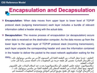 Encapsulation and Decapsulation
OSI Reference Model
Encapsulation: When data moves from upper layer to lower level of TCP/IP
protocol stack (outgoing transmission) each layer includes a bundle of relevant
information called a header along with the actual data.
Decapsulation: The reverse process of encapsulation (or decapsulation) occurs
when data is received on the destination computer. As the data moves up from the
lower layer to the upper layer of TCP/IP protocol stack (incoming transmission),
each layer unpacks the corresponding header and uses the information contained
in the header to deliver the packet to the exact network application waiting for the
data.
/ :
‫تكب‬ ‫بروتوكول‬ ‫مكدس‬ ‫من‬ ‫األدنى‬ ‫المستوى‬ ‫إلى‬ ‫العليا‬ ‫الطبقة‬ ‫من‬ ‫البيانات‬ ‫تنتقل‬ ‫عندما‬ ‫التغليف‬
) (
‫جانب‬ ‫إلى‬ ‫رأسا‬ ‫تسمى‬ ‫الصلة‬ ‫ذات‬ ‫المعلومات‬ ‫من‬ ‫حزمة‬ ‫طبقة‬ ‫كل‬ ‫تتضمن‬ ، ‫الصادر‬ ‫اإلرسال‬ ‫إب‬
.‫الفعلية‬ ‫البيانات‬
) ( :
‫الكمبيوتر‬ ‫على‬ ‫البيانات‬ ‫استالم‬ ‫عند‬ ‫يحدث‬ ‫ديكابسوالتيون‬ ‫أو‬ ‫التغليف‬ ‫عكس‬ ‫عملية‬ ‫ديكابسوالتيون‬
/ .
‫تكب‬ ‫بروتوكول‬ ‫مكدس‬ ‫من‬ ‫العليا‬ ‫الطبقة‬ ‫إلى‬ ‫السفلى‬ ‫الطبقة‬ ‫من‬ ‫البيانات‬ ‫انتقال‬ ‫ومع‬ ‫الوجهة‬
) (
‫في‬ ‫المتضمنة‬ ‫المعلومات‬ ‫وتستخدم‬ ‫المقابل‬ ‫الرأس‬ ‫بتفريغ‬ ‫طبقة‬ ‫كل‬ ‫تقوم‬ ، ‫الوارد‬ ‫اإلرسال‬ ‫إب‬
 