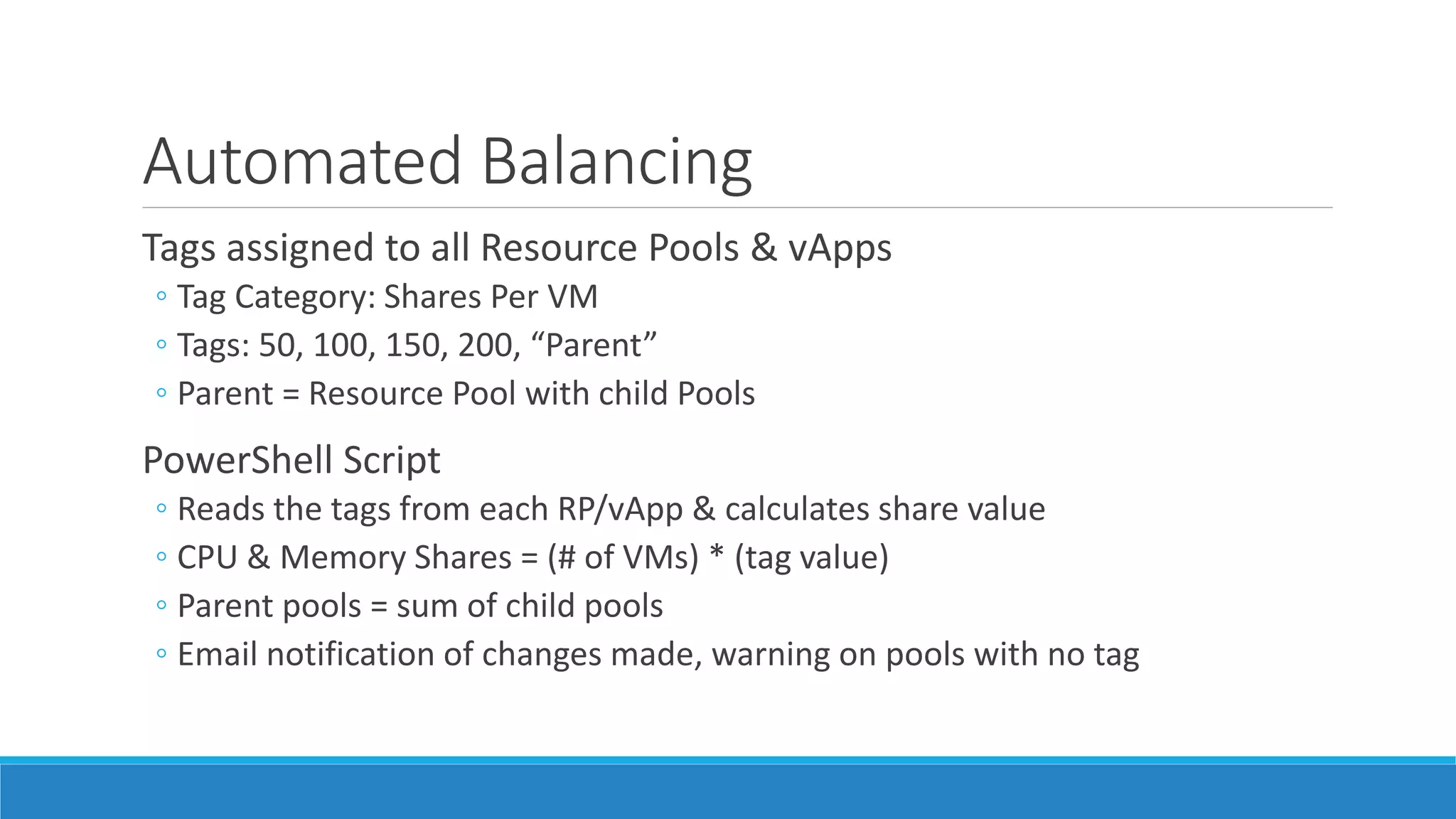 Automated Balancing
Tags assigned to all Resource Pools & vApps
◦ Tag Category: Shares Per VM
◦ Tags: 50, 100, 150, 200, “Parent”
◦ Parent = Resource Pool with child Pools
PowerShell Script
◦ Reads the tags from each RP/vApp & calculates share value
◦ CPU & Memory Shares = (# of VMs) * (tag value)
◦ Parent pools = sum of child pools
◦ Email notification of changes made, warning on pools with no tag
 