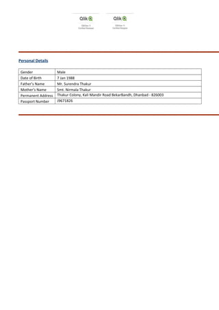 Personal Details
Gender Male
Date of Birth 7 Jan 1988
Father’s Name Mr. Surendra Thakur
Mother’s Name Smt. Nirmala Thakur
Permanent Address Thakur Colony, Kali Mandir Road BekarBandh, Dhanbad - 826003
Passport Number J9671826
 