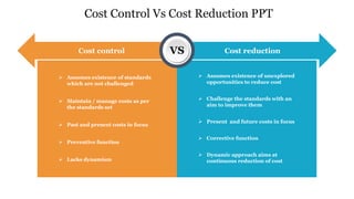 Cost Control Vs Cost Reduction PPT
Cost reduction
Cost control
 Assumes existence of standards
which are not challenged
 Maintain / manage costs as per
the standards set
 Past and present costs in focus
 Preventive function
 Lacks dynamism
 Assumes existence of unexplored
opportunities to reduce cost
 Challenge the standards with an
aim to improve them
 Present and future costs in focus
 Corrective function
 Dynamic approach aims at
continuous reduction of cost
VS
 