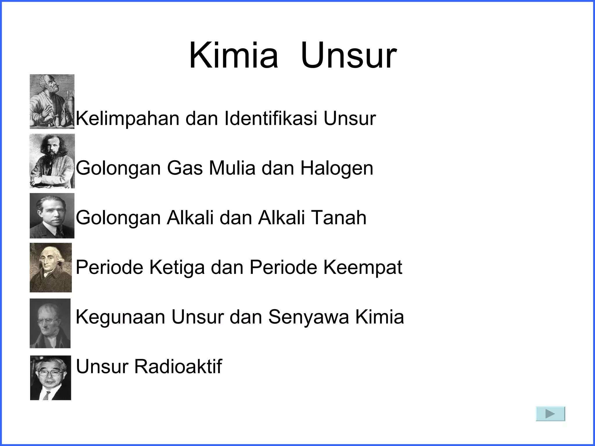 Kimia  Unsur  Kelimpahan dan Identifikasi Unsur Golongan Gas Mulia dan Halogen Golongan Alkali dan Alkali Tanah Periode Ketiga dan Periode Keempat Kegunaan Unsur dan Senyawa Kimia F.  Unsur Radioaktif 