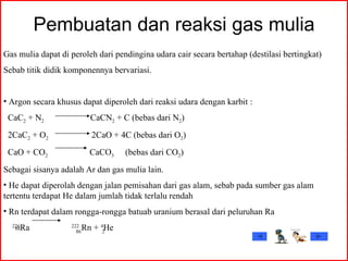 Pembuatan dan reaksi gas mulia Gas mulia dapat di peroleh dari pendingina udara cair secara bertahap (destilasi bertingkat) Sebab titik didik komponennya bervariasi. Argon secara khusus dapat diperoleh dari reaksi udara dengan karbit : CaC 2  + N 2   CaCN 2  + C (bebas dari N 2 ) 2CaC 2  + O 2  2CaO + 4C (bebas dari O 2 ) CaO + CO 2   CaCO 3  (bebas dari CO 2 ) Sebagai sisanya adalah Ar dan gas mulia lain. He dapat diperolah dengan jalan pemisahan dari gas alam, sebab pada sumber gas alam tertentu terdapat He dalam jumlah tidak terlalu rendah Rn terdapat dalam rongga-rongga batuab uranium berasal dari peluruhan Ra 226 Ra  222  Rn +  4 He 88 86 2 