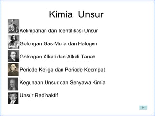 Kimia  Unsur  Kelimpahan dan Identifikasi Unsur Golongan Gas Mulia dan Halogen Golongan Alkali dan Alkali Tanah Periode Ketiga dan Periode Keempat Kegunaan Unsur dan Senyawa Kimia F.  Unsur Radioaktif 