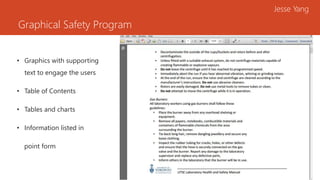 Graphical Safety Program
Jesse Yang
• Graphics with supporting
text to engage the users
• Table of Contents
• Tables and charts
• Information listed in
point form
 
