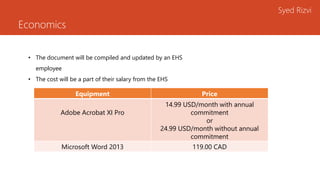 Economics
Syed Rizvi
• The document will be compiled and updated by an EHS
employee
• The cost will be a part of their salary from the EHS
Equipment Price
Adobe Acrobat XI Pro
14.99 USD/month with annual
commitment
or
24.99 USD/month without annual
commitment
Microsoft Word 2013 119.00 CAD
 
